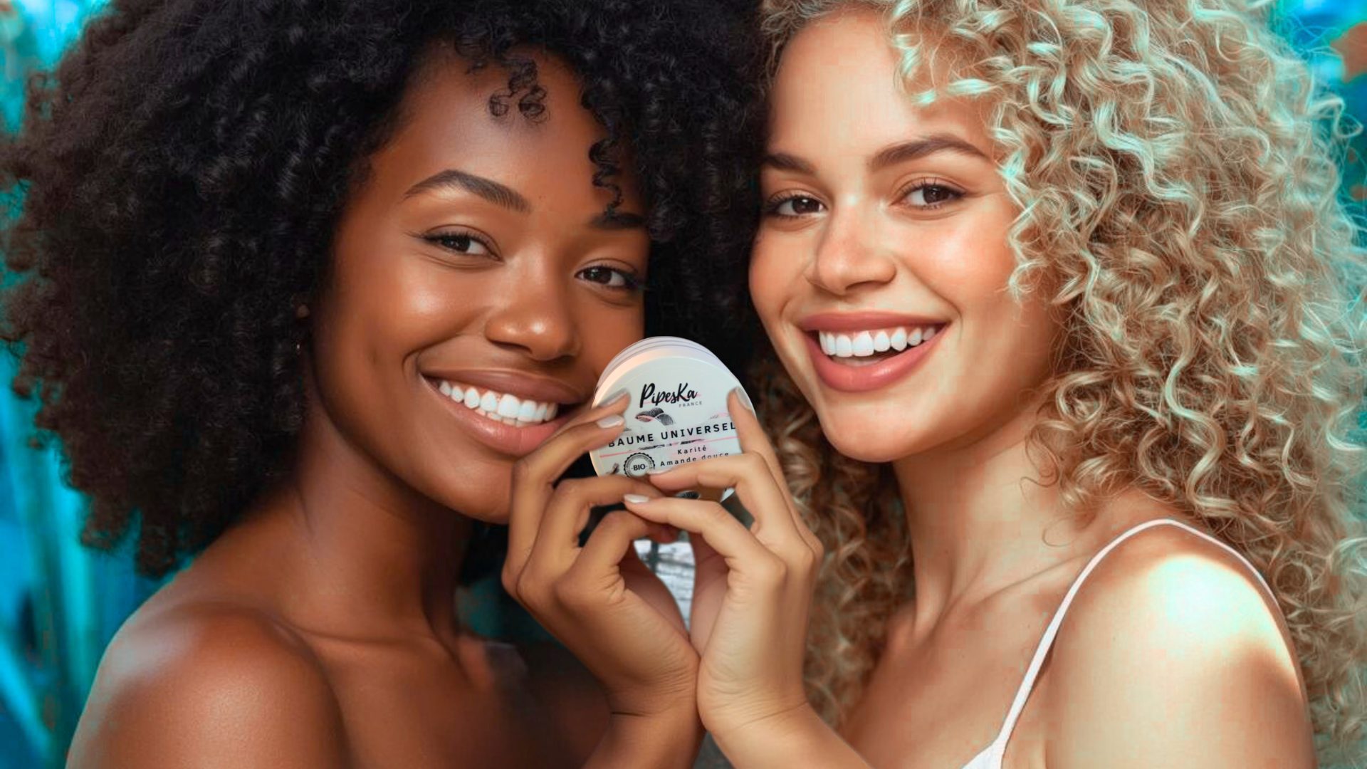 Two women with textured hair using Caribbean Fusion Organic Universal Balm - a natural, multi-use treatment.